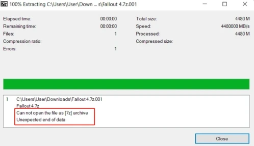 7z archive cannot be opened because of an unexpected end of data