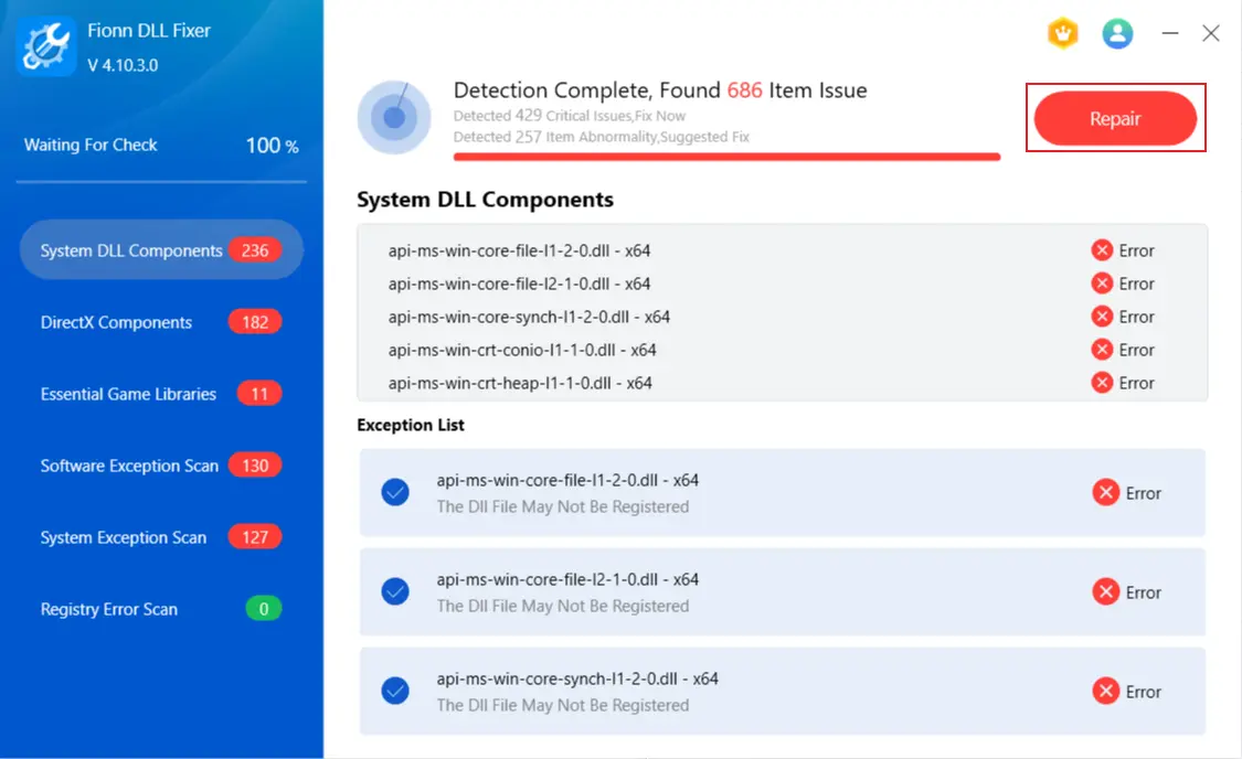 After the scan finishes, click "Repair" to start fixing all detected DLL and system issues automatically