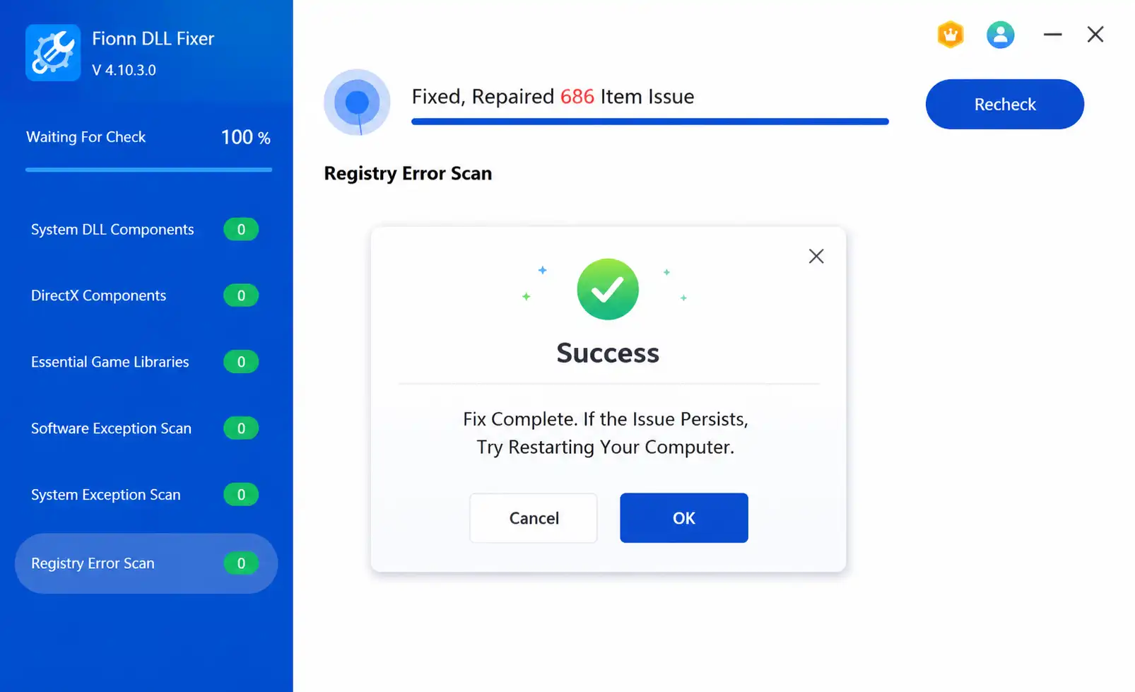 When the repair is complete, click "Ok" in the confirmation dialog