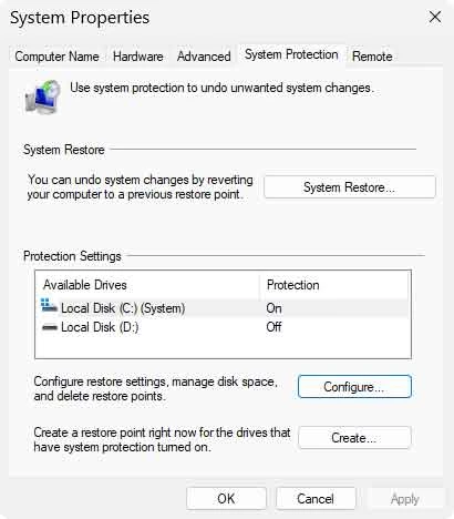 System Protection tab in Windows 11 System Properties