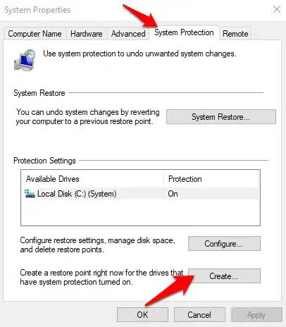 Окно защиты системы Windows для создания точки восстановления