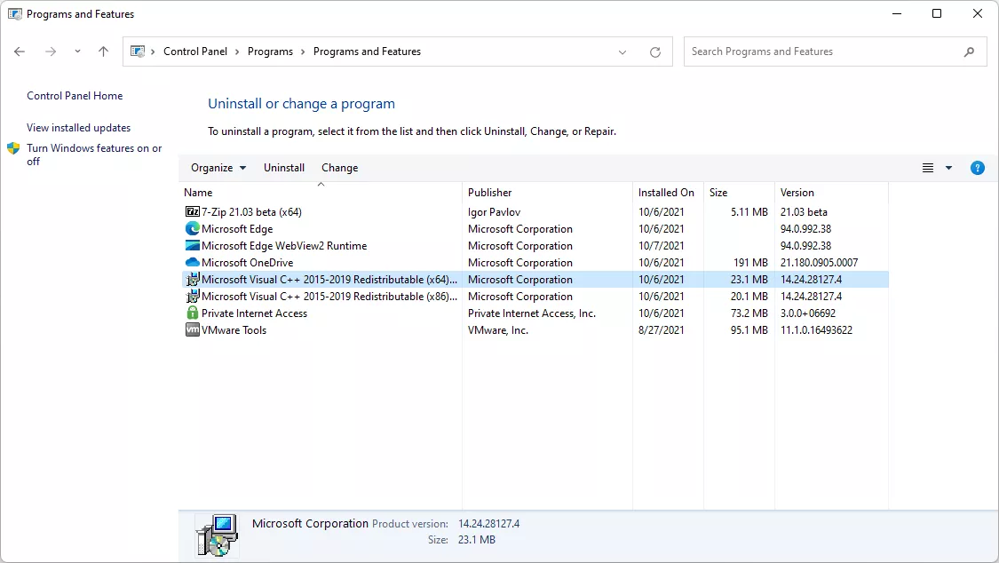 Programs and Features in Windows