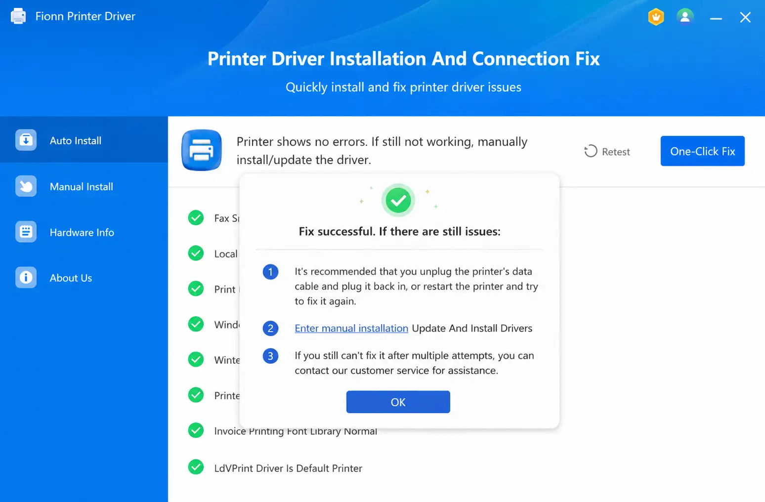 Wait for the repair to finish and confirm that the printer issue has been fixed successfully