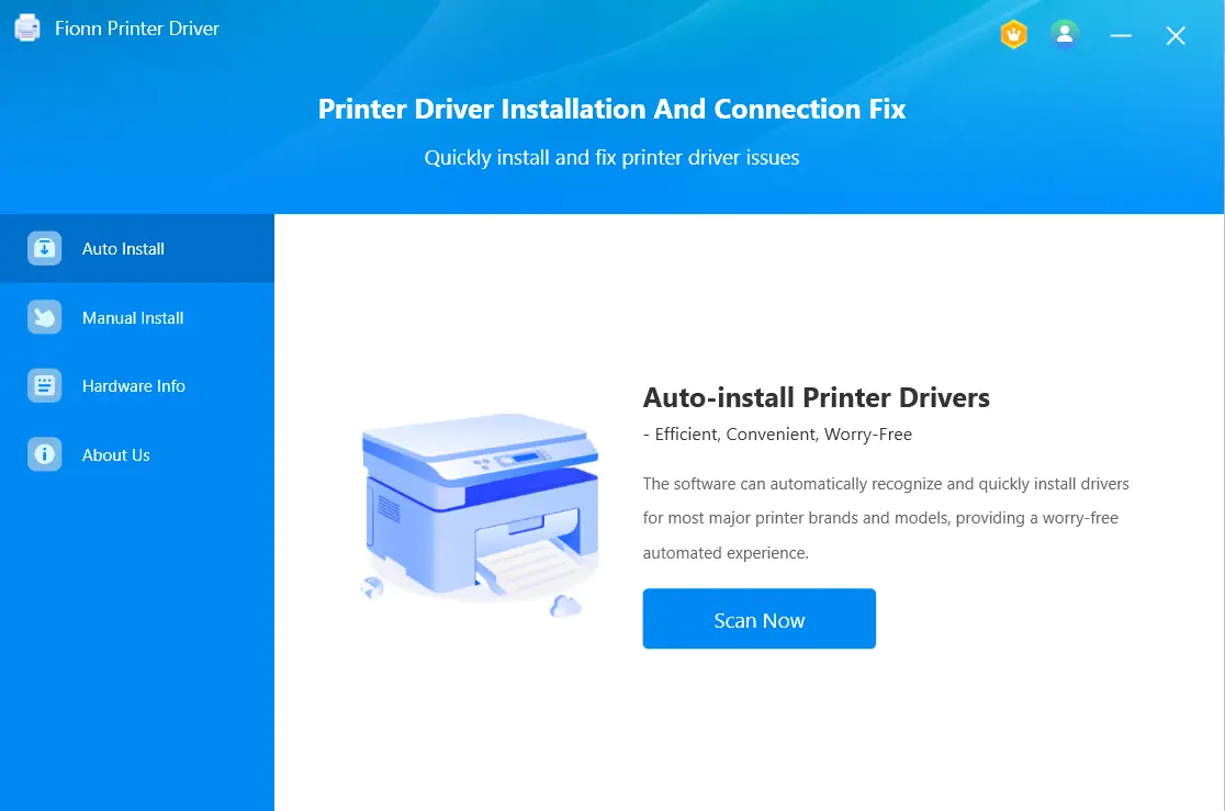 Launch Fionn Printer Driver and click “Scan Now” to scan your computer for printer drivers and related issues