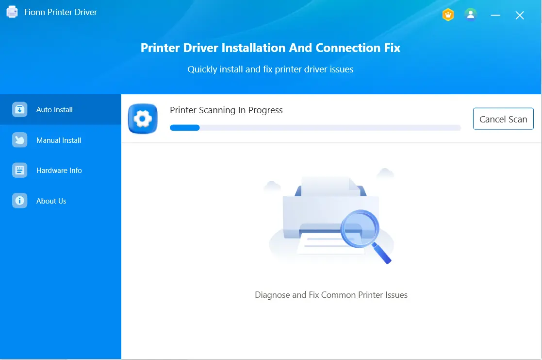Wait while Fionn Printer Driver scans your system for installed printers, drivers, and common printer issues