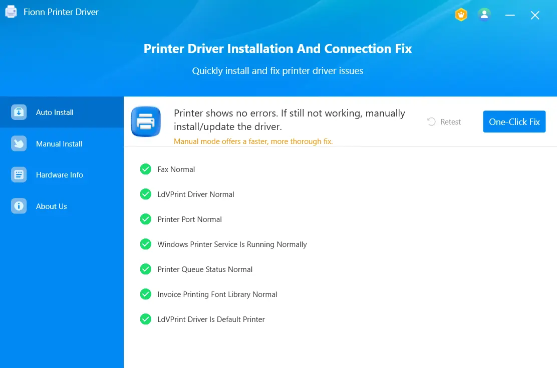 After the scan finishes, click “One-Click Fix” to automatically install or repair the required printer driver