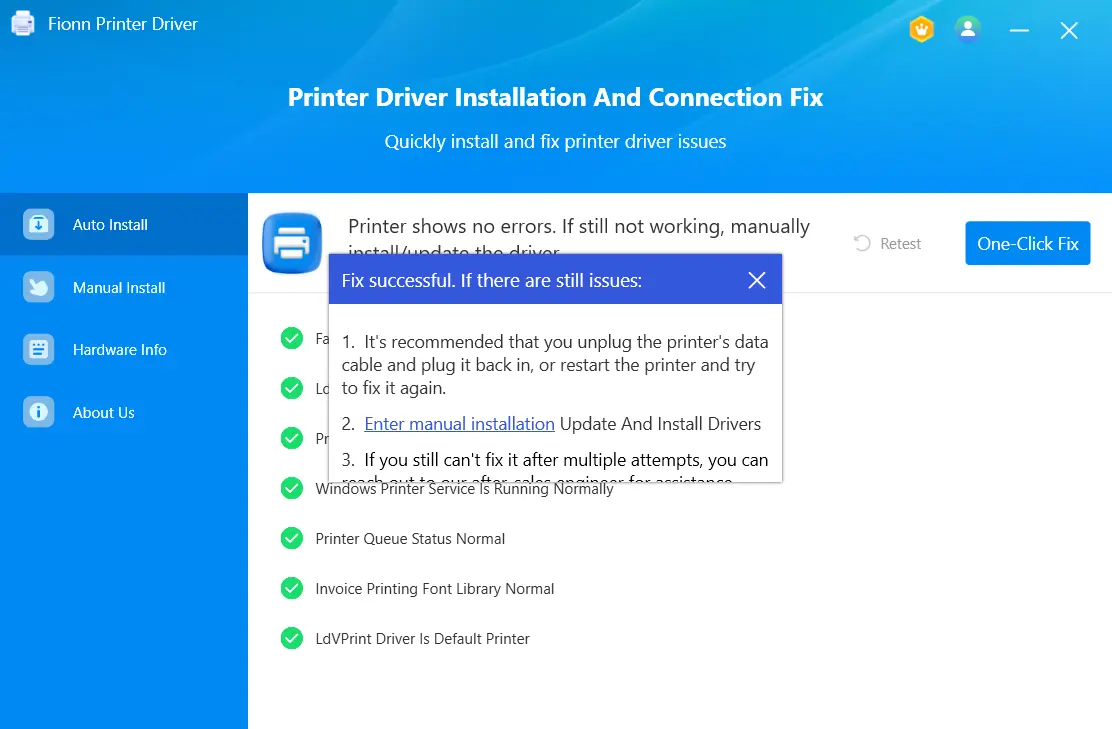 Fionn Printer Driver reporting that the printer issue was fixed successfully