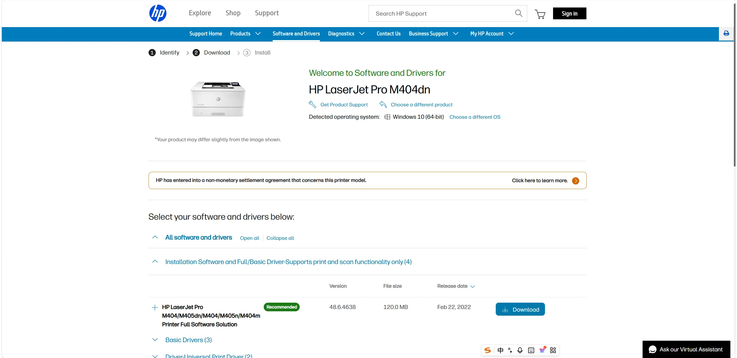 HP LaserJet Pro M404dnのソフトウェアおよびドライバーのダウンロードページ