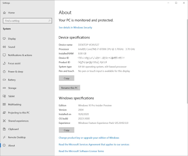 Windows About system settings page