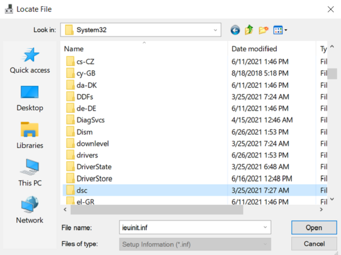Device Manager interface for installing a printer driver from an INF package