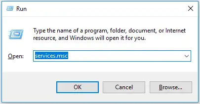 Entering services.msc in the Windows Run dialog