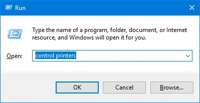 Команда control printers в окне «Выполнить»