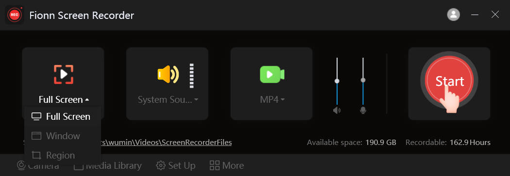 Recording area menu with Full Screen, Window, and Region options