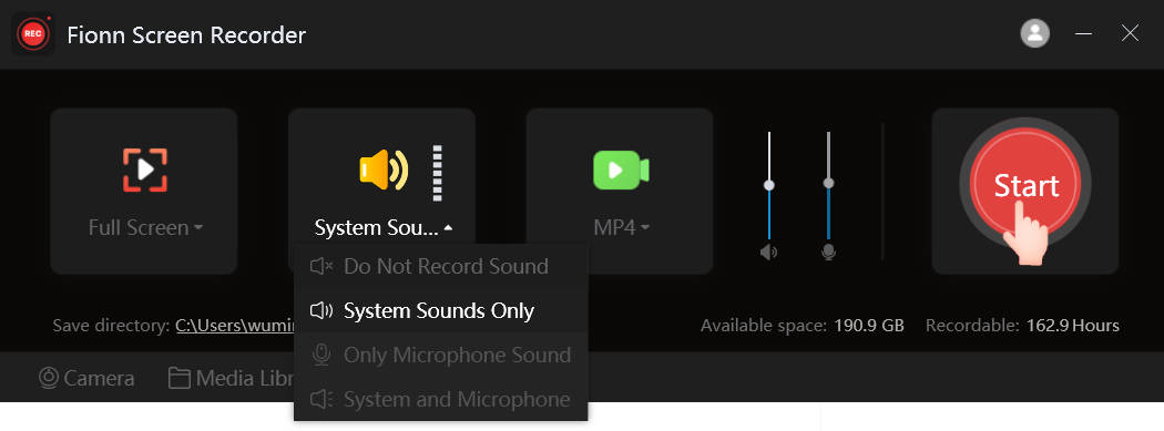 Audio settings for system audio, microphone audio, both, or no sound