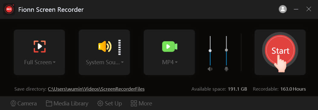 Fionn Screen Recorder interface for choosing Full Screen, Window, or Region capture