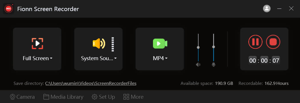 Recording controls with Pause and Stop buttons
