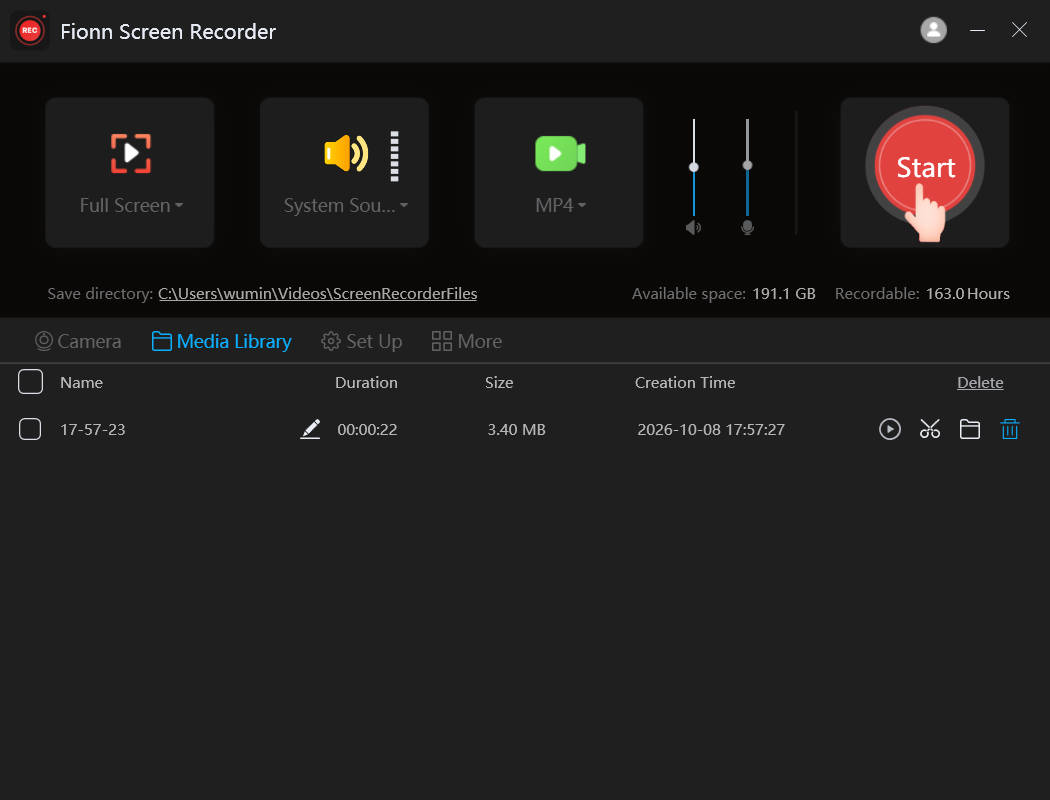 Media Library for playing, editing, locating, or deleting recorded videos