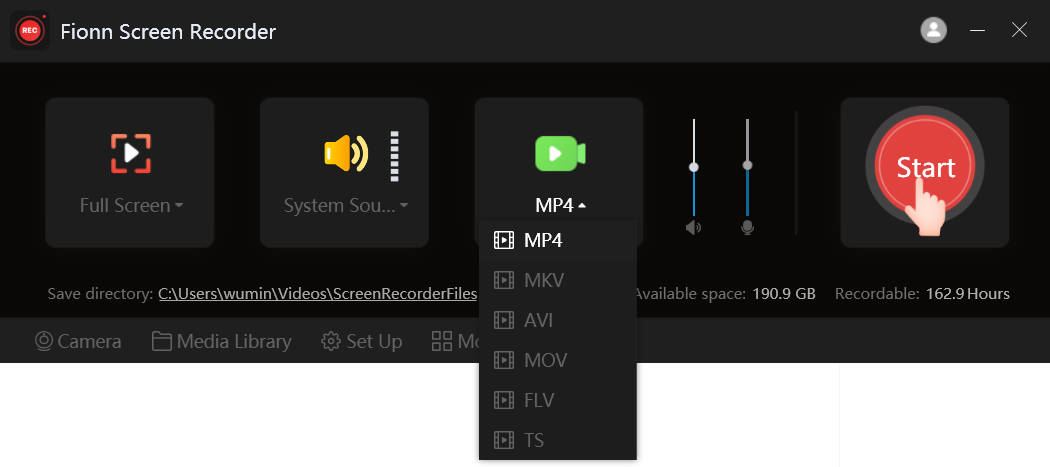 Video format settings with MP4 and other format options