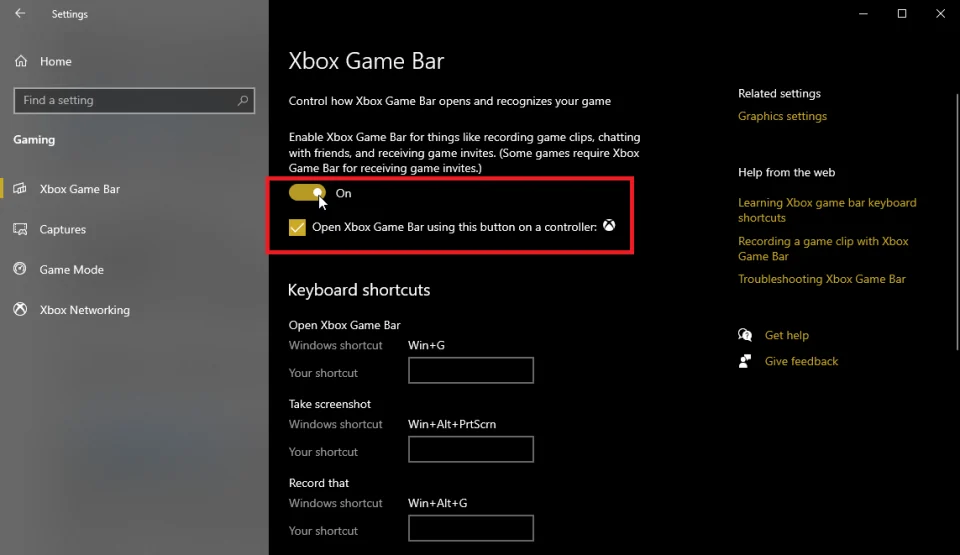 Windows Settings Gaming page for Xbox Game Bar